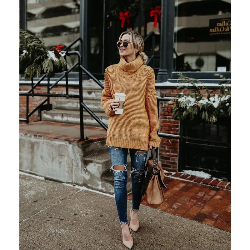Women's Oversized Chunky Knit Long Turtleneck Sweater - Orange