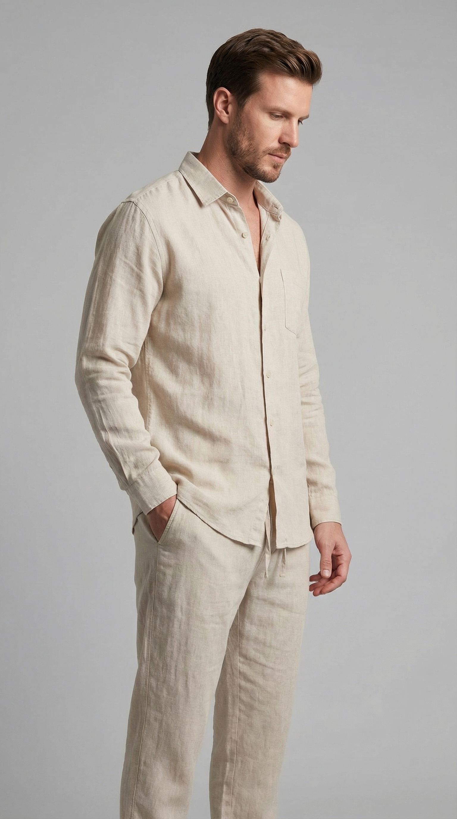 Men's Linen Co Ord Set Relaxed Shirt Trousers Outfit