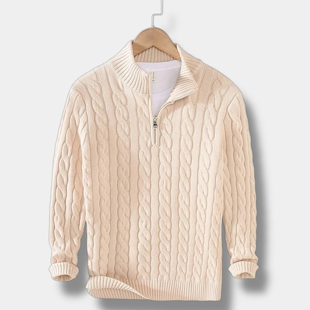 Men's Cable-Knit Half-Zip Mock Collar Pullover - Beige