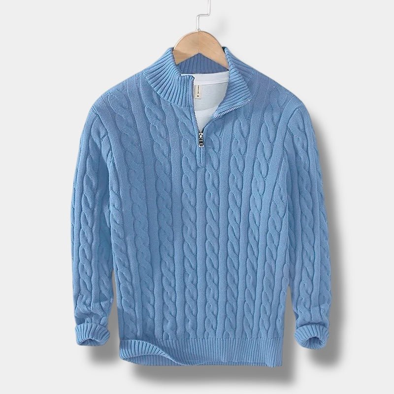 Men's Cable-Knit Half-Zip Mock Collar Pullover - Light Blue