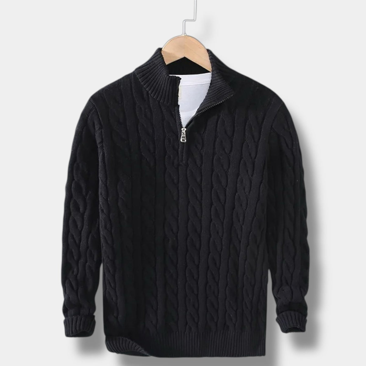 Men's Cable-Knit Half-Zip Mock Collar Pullover - Black