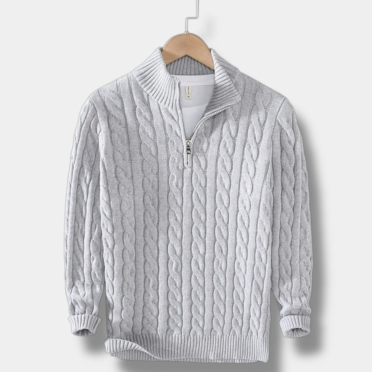 Men's Cable-Knit Half-Zip Mock Collar Pullover - Light Gray
