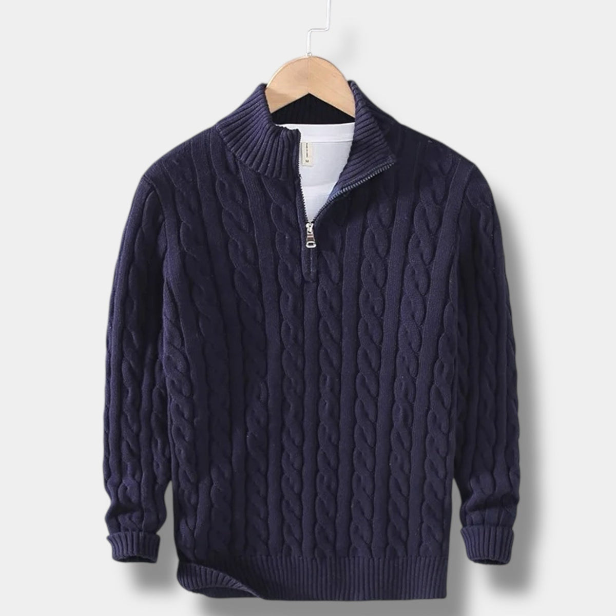 Men's Cable-Knit Half-Zip Mock Collar Pullover - Navy Blue