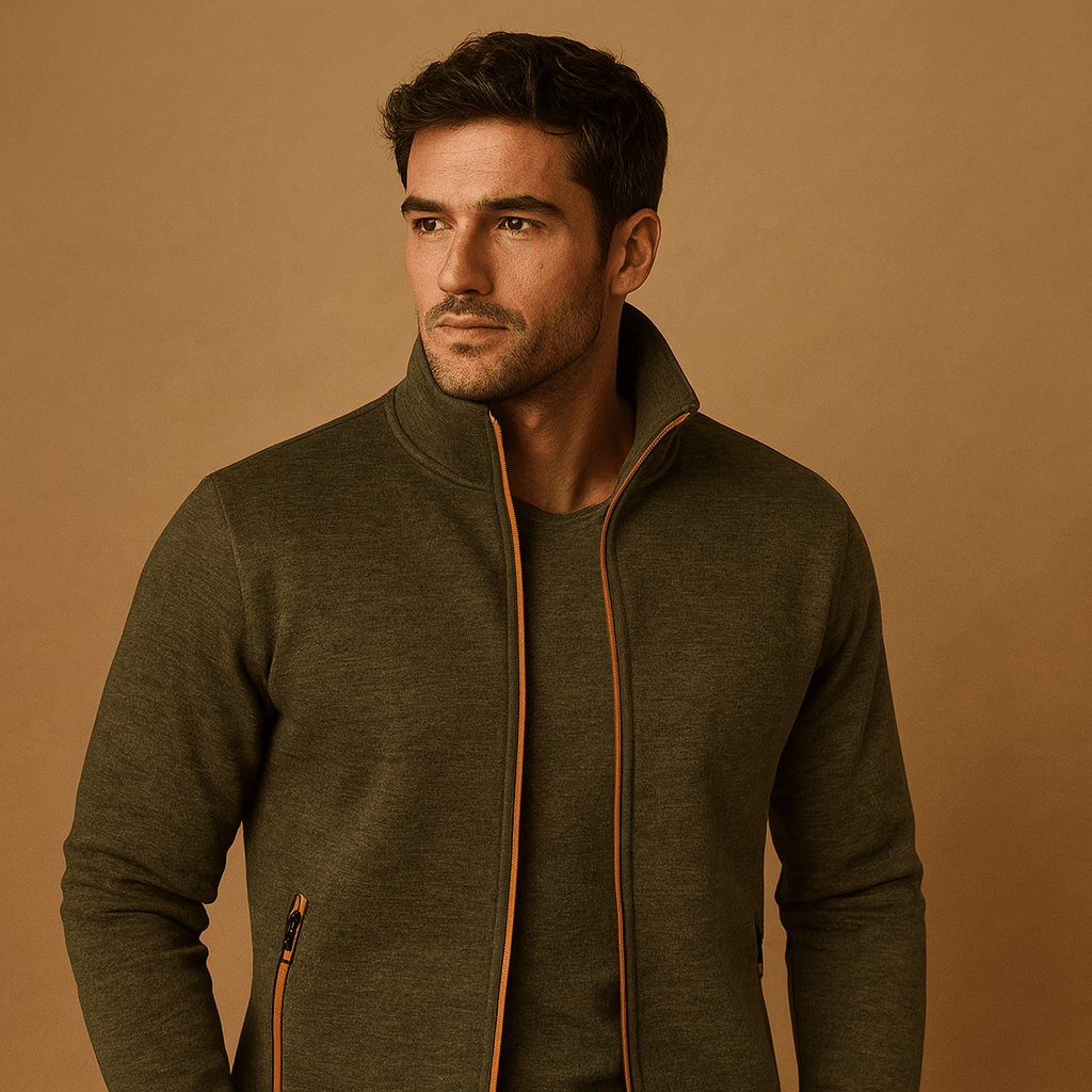 Men's Stand Collar Zip-Through Layer with Zip Pockets - Olive Green
