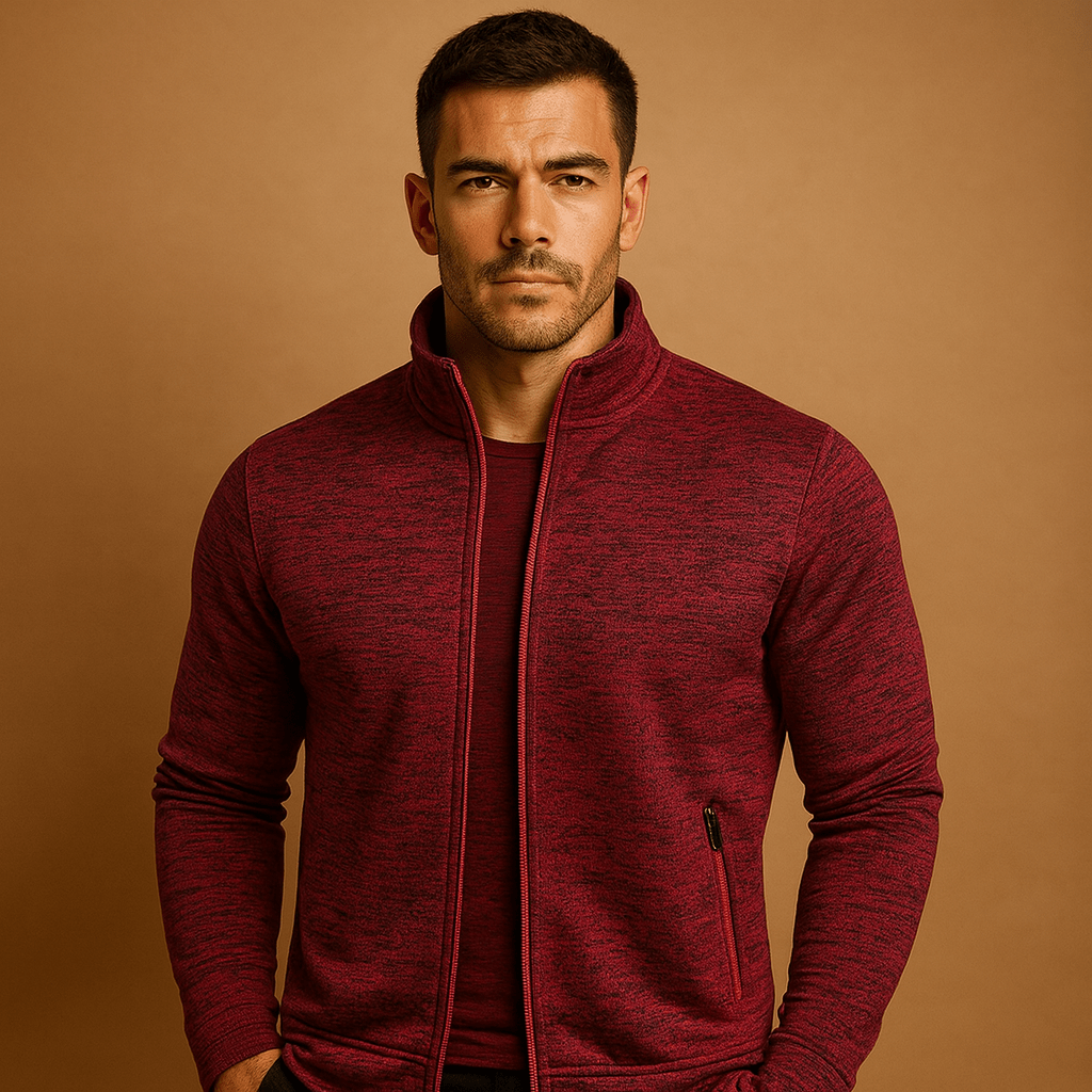 Men's Stand Collar Zip-Through Layer with Zip Pockets - Wine Red