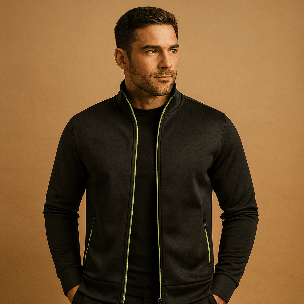 Men's Stand Collar Zip-Through Layer with Zip Pockets - Black
