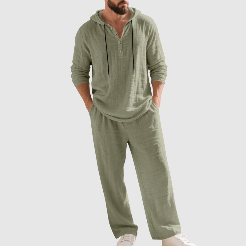Men's Hooded Linen Lounge Set Breathable Henley Top