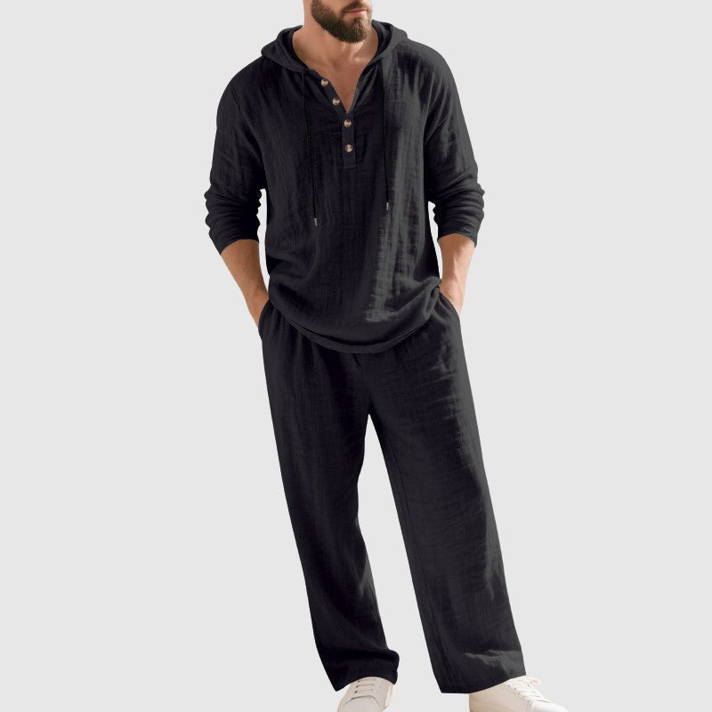 Men's Hooded Linen Lounge Set Breathable Henley Top