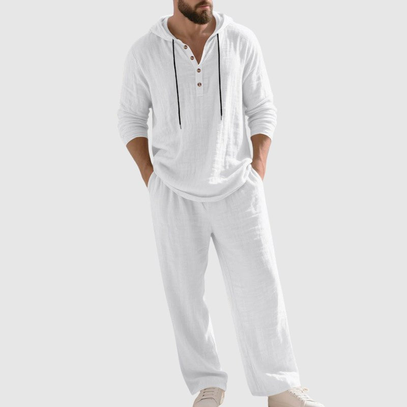 Men's Hooded Linen Lounge Set Breathable Henley Top