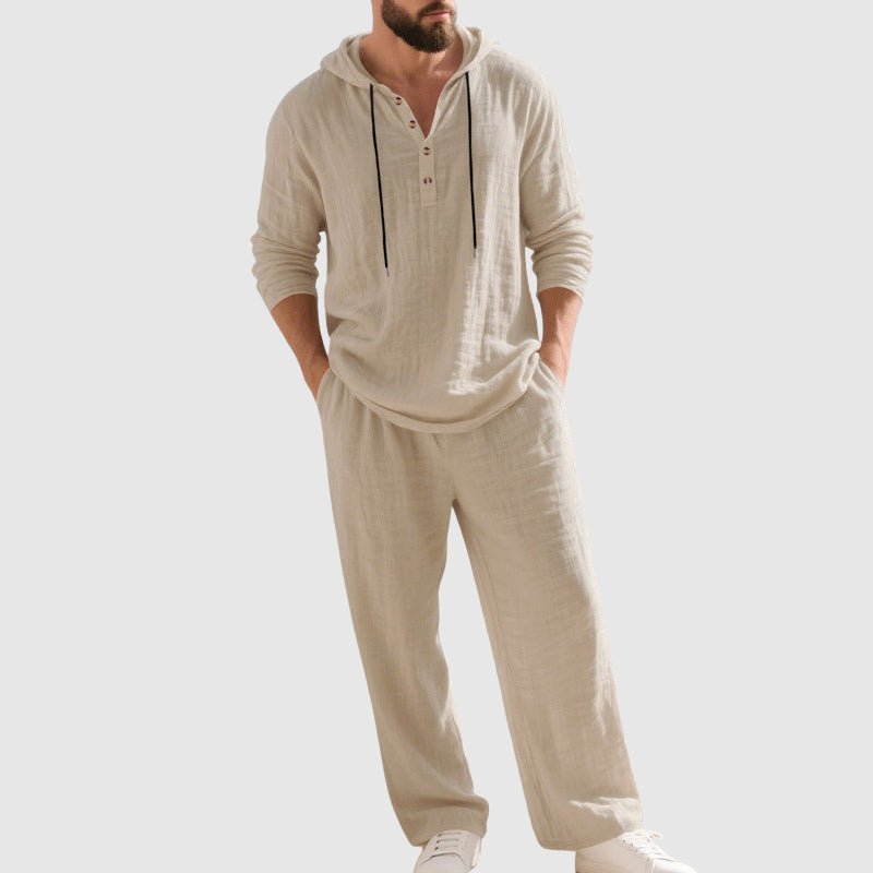 Men's Hooded Linen Lounge Set Breathable Henley Top