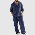 Men's Hooded Linen Lounge Set Breathable Henley Top