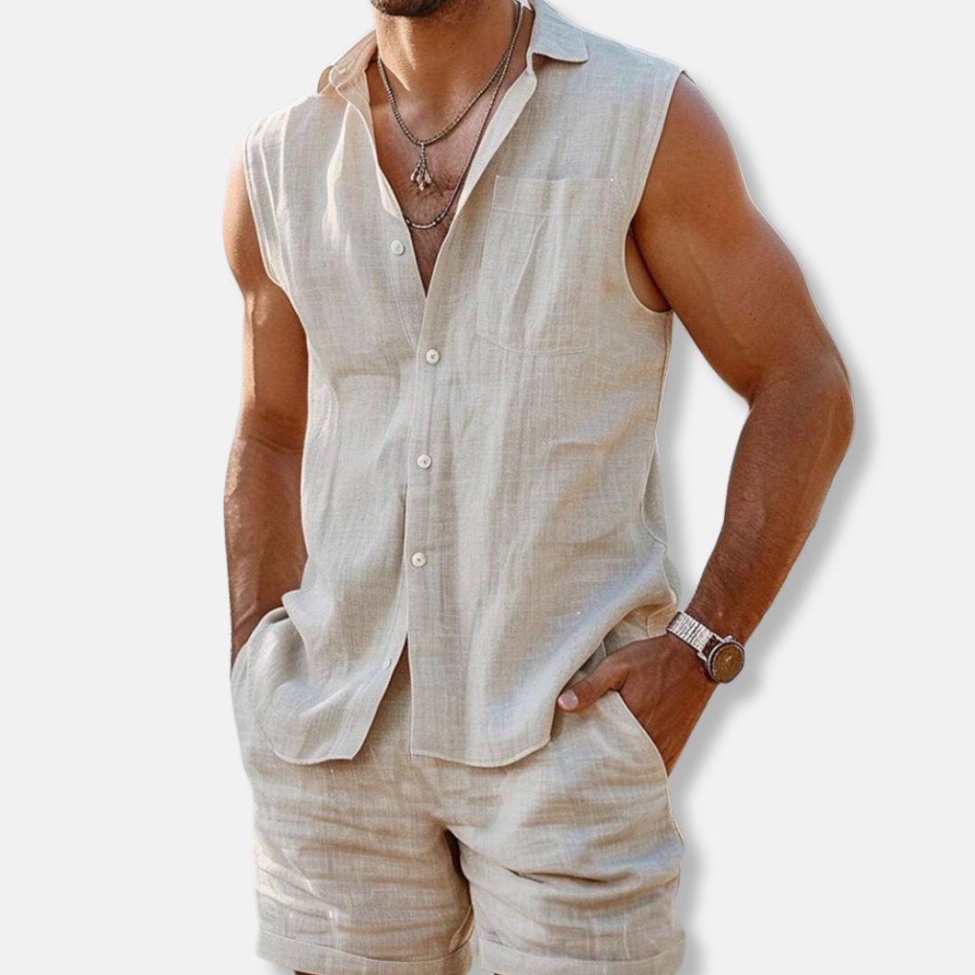 Men's Linen Look Sleeveless Shirt and Shorts Set Lightweight
