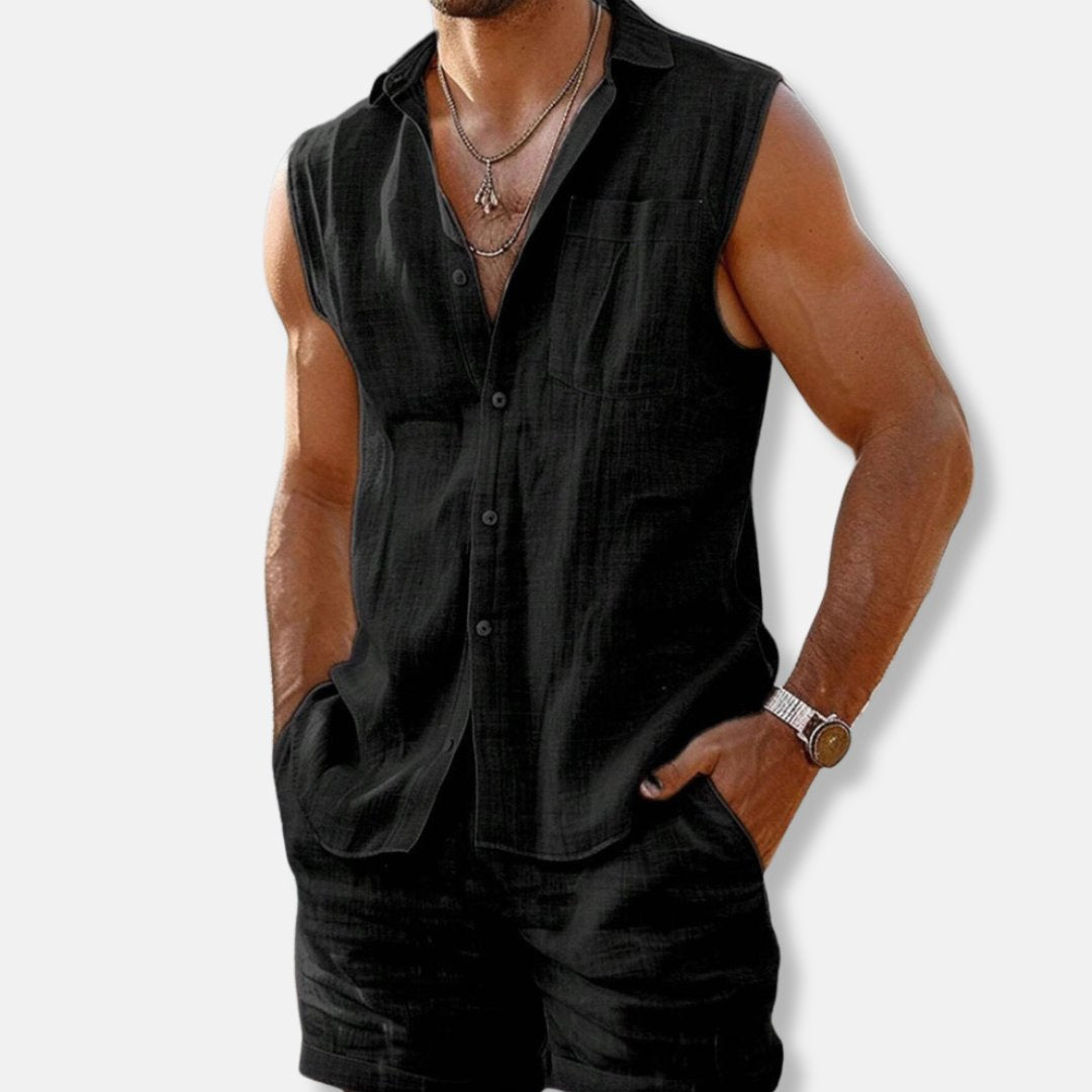 Men's Linen Look Sleeveless Shirt and Shorts Set Lightweight