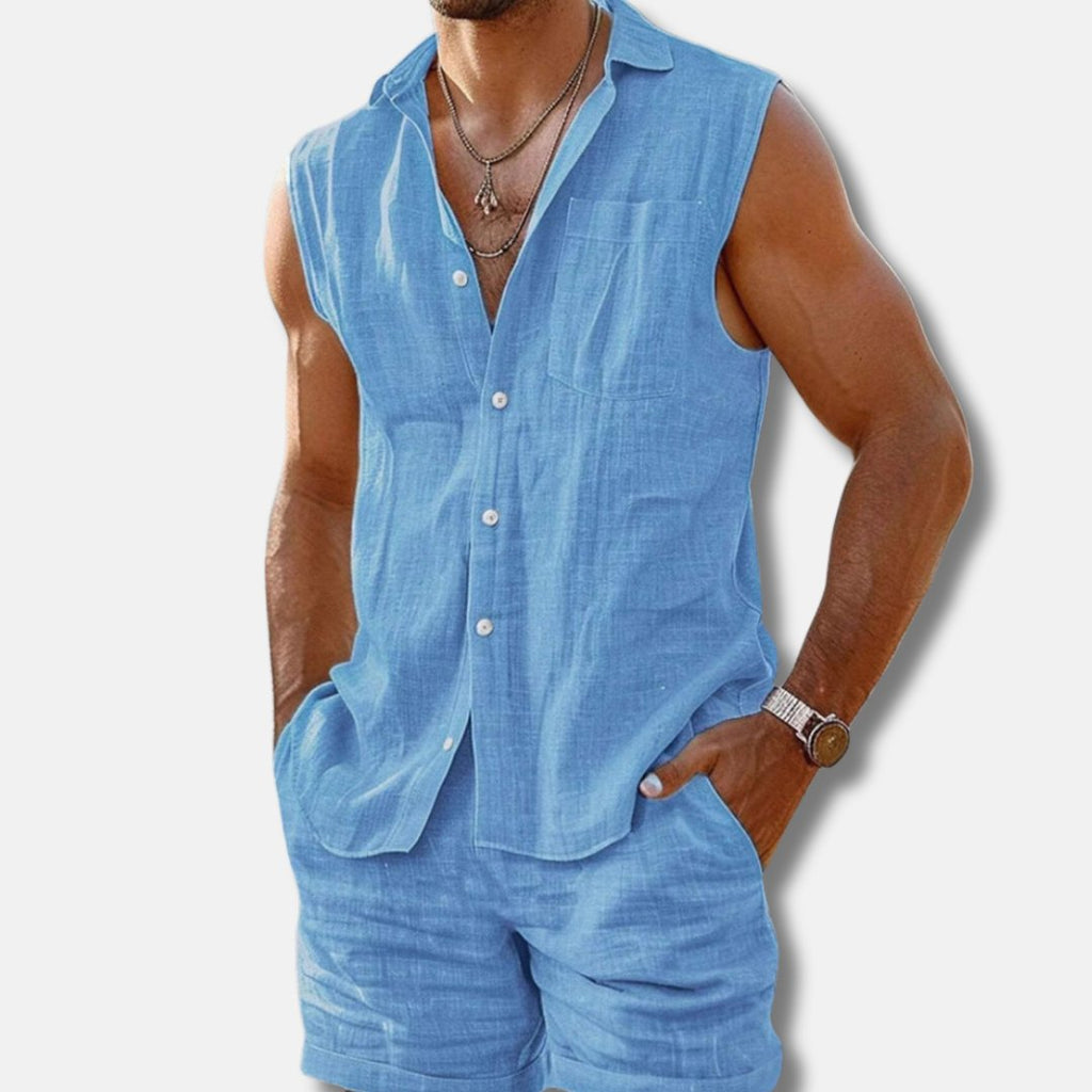 Men's Linen Look Sleeveless Shirt and Shorts Set Lightweight