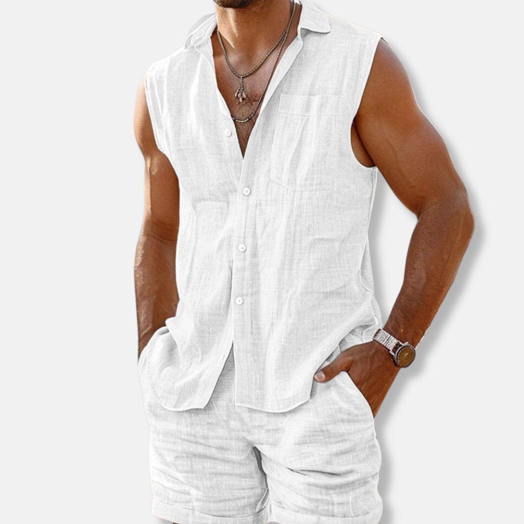Men's Linen Look Sleeveless Shirt and Shorts Set Lightweight