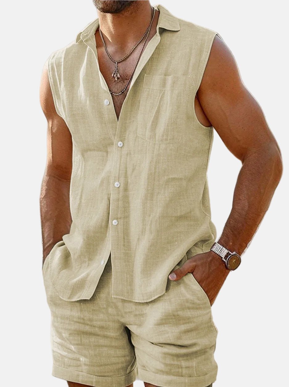 Men's Linen Look Sleeveless Shirt and Shorts Set Lightweight