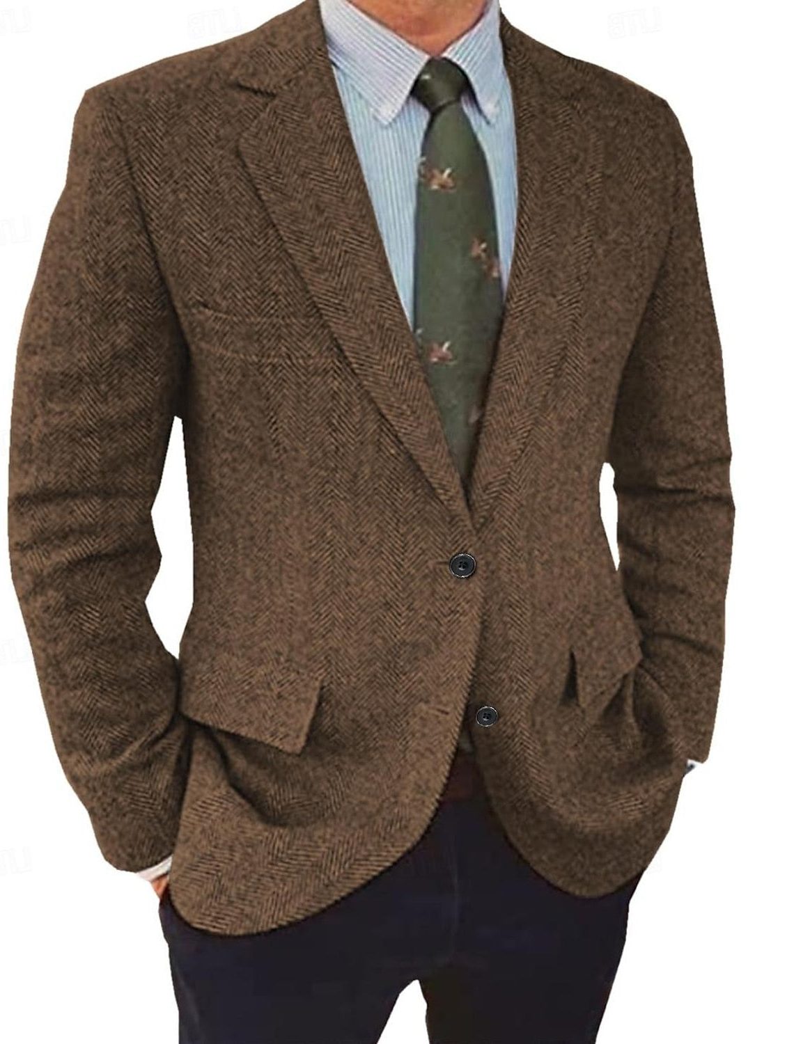 Men's Tweed-Texture Herringbone Jacket for Weddings and Work - Brown