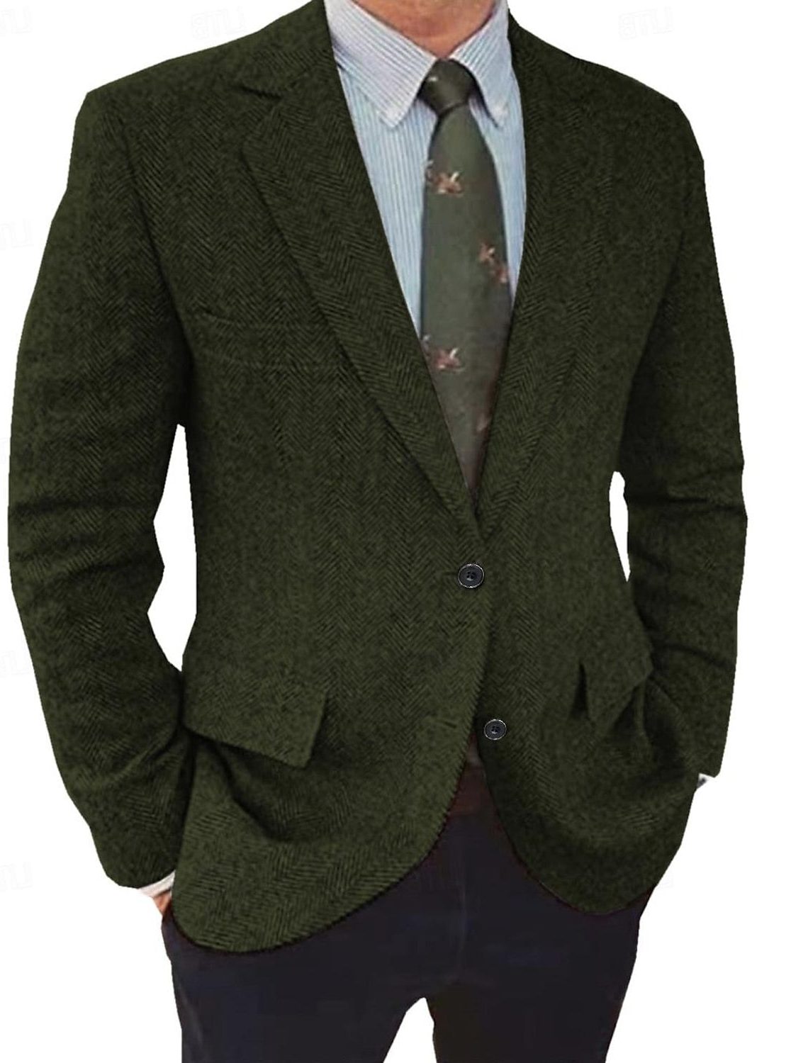 Men's Tweed-Texture Herringbone Jacket for Weddings and Work - Olive Green