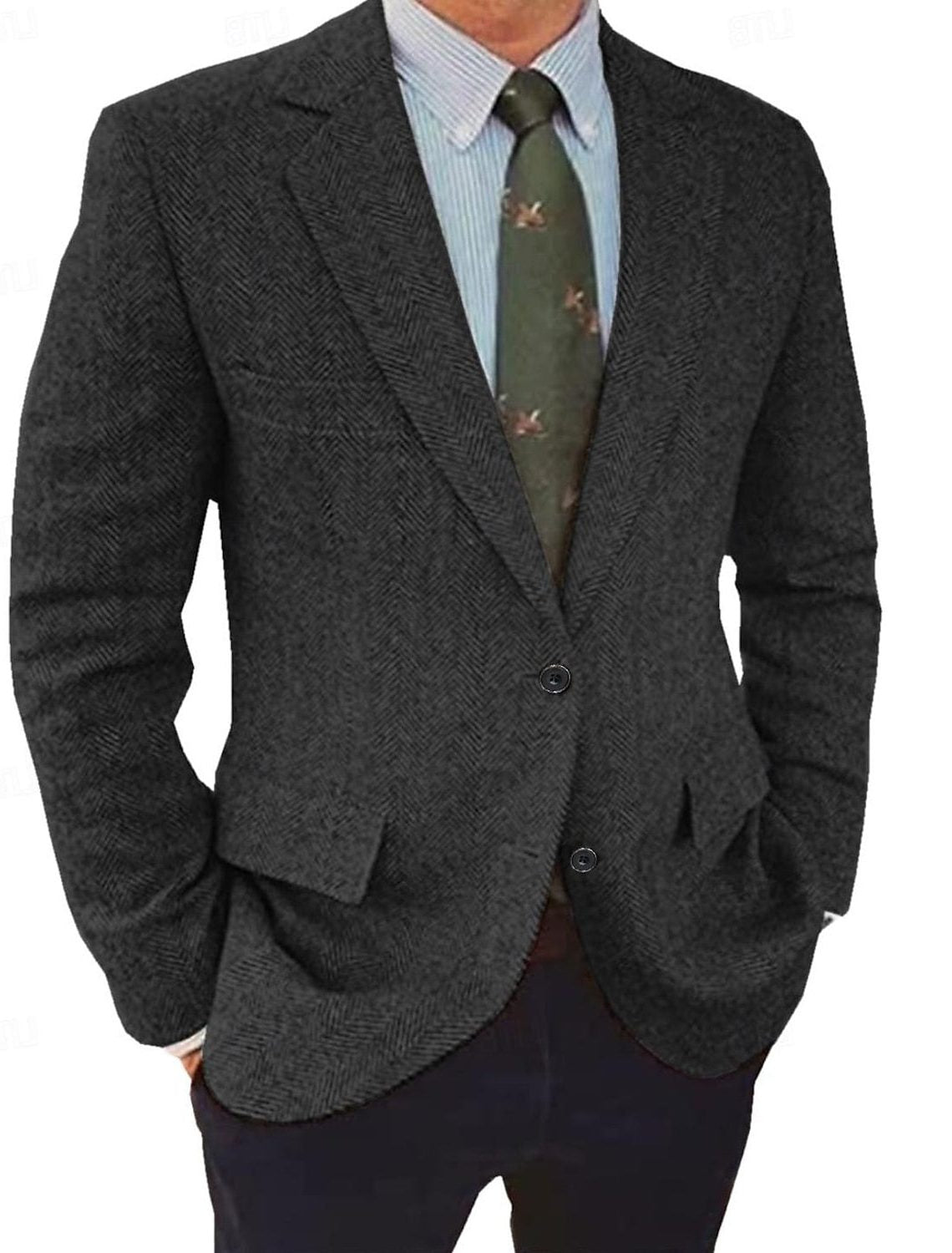 Men's Tweed-Texture Herringbone Jacket for Weddings and Work - Black