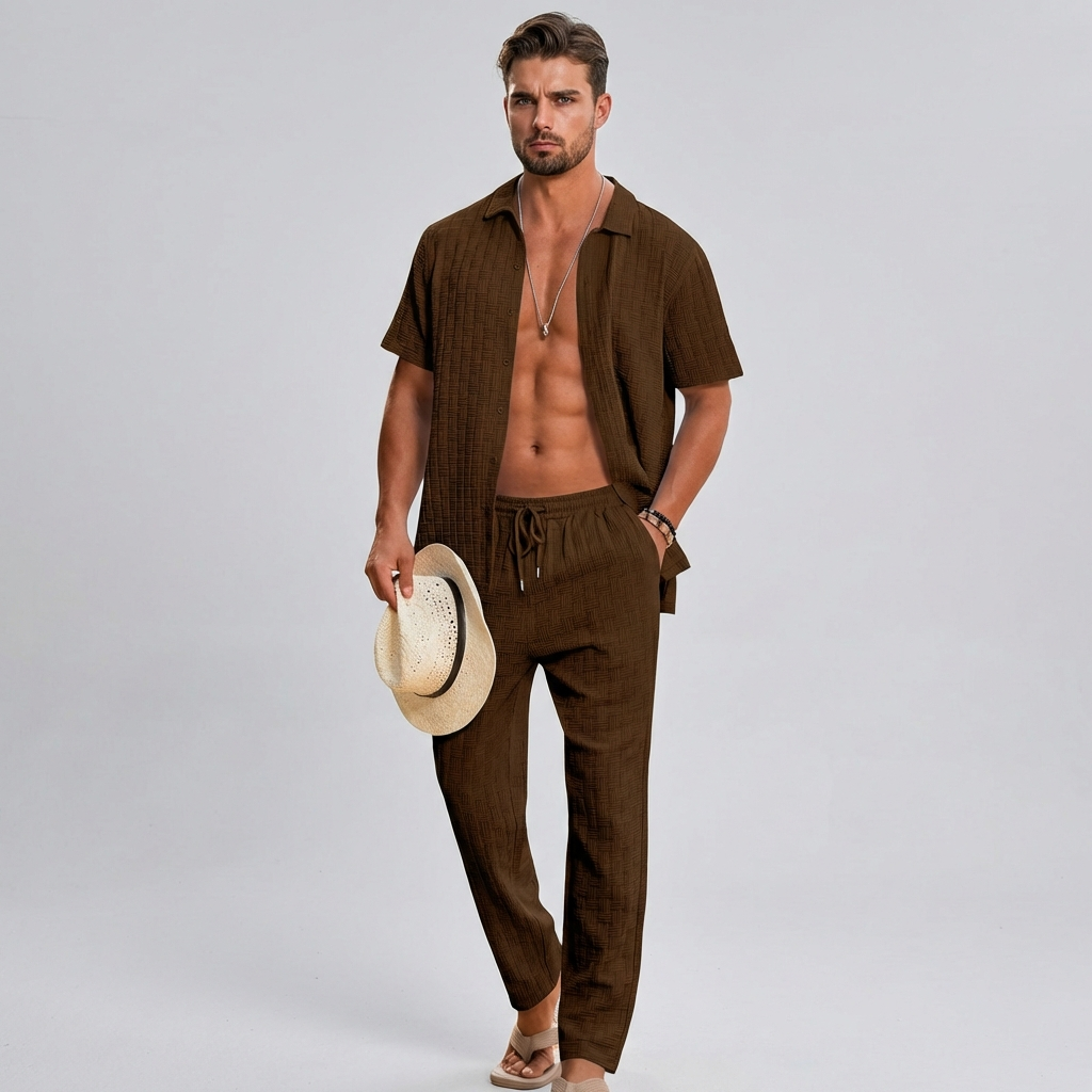 Men's Summer Co Ord Set Textured Shirt Relaxed Trousers