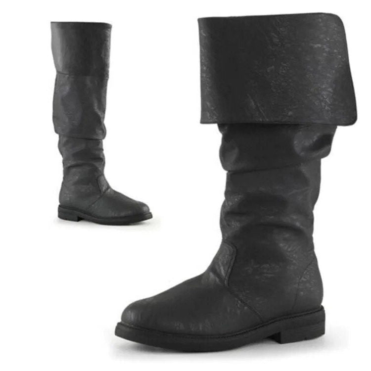 Men's Wide Cuff Tall Leather Boots with Pull-On Slouch Shaft - Black