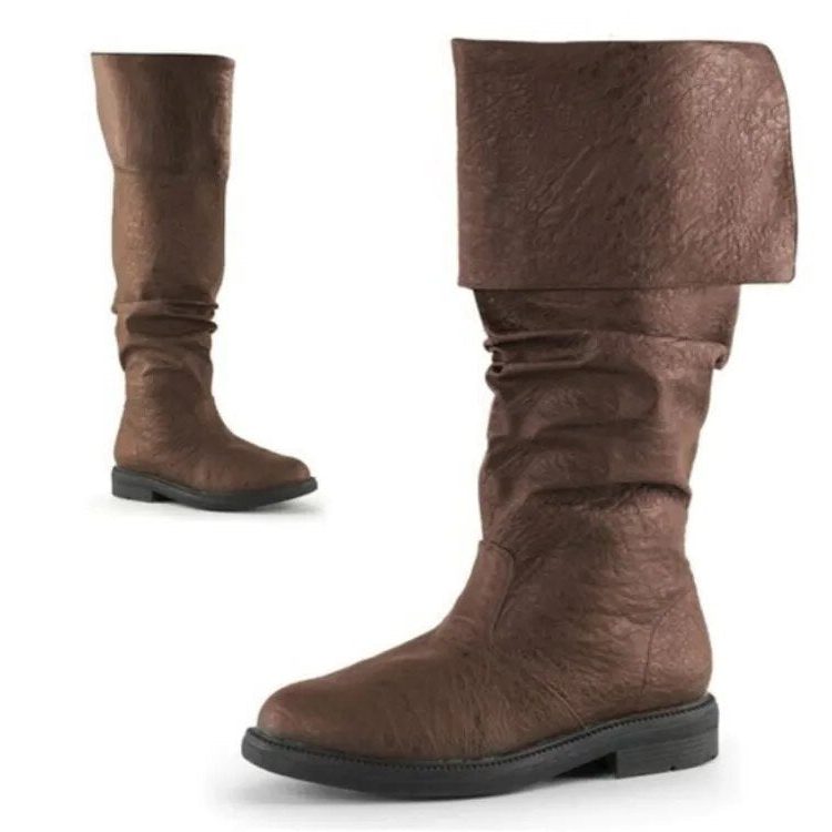 Men's Wide Cuff Tall Leather Boots with Pull-On Slouch Shaft - Brown