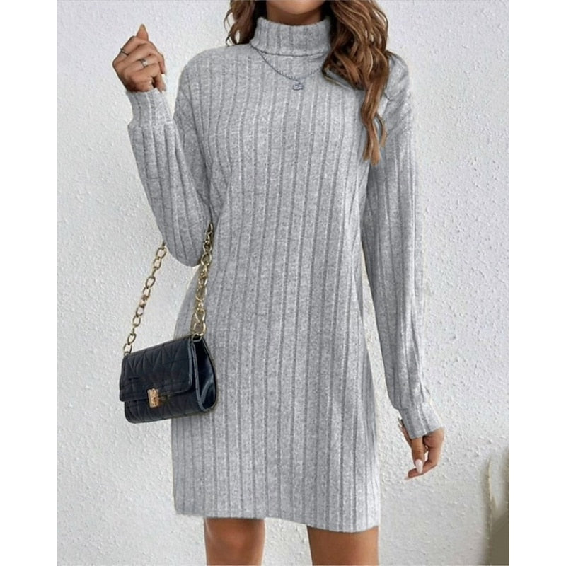 Women's Stretchy High Neck Knit Dress - Light Gray