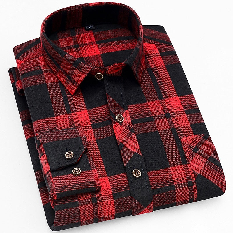 Men's Cool-Weather Button-Front Plaid Shirt - Wine Red