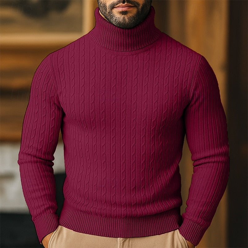 Men's Slim-Fit Turtleneck Sweater with Twisted Cable Texture - Wine