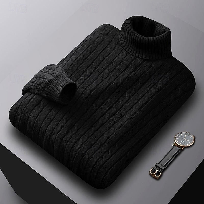 Men's Everyday Cable Turtleneck Sweater in a Regular Cut - Black