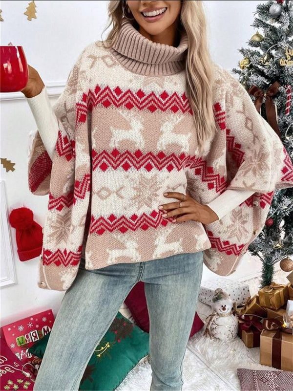 Women's Red Festive Reindeer Pullover with High Neck - Red