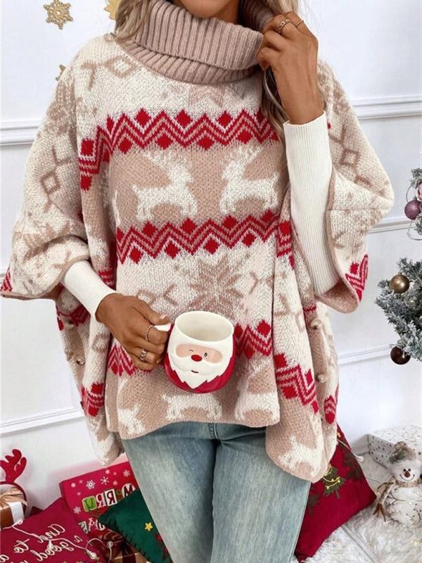 Women's Red Festive Reindeer Pullover with High Neck