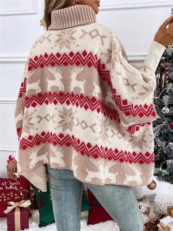 Women's Red Festive Reindeer Pullover with High Neck