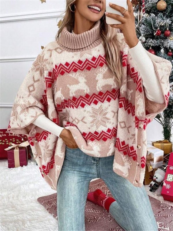 Women's Red Festive Reindeer Pullover with High Neck