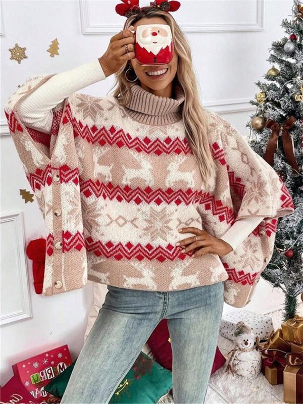 Women's Red Festive Reindeer Pullover with High Neck