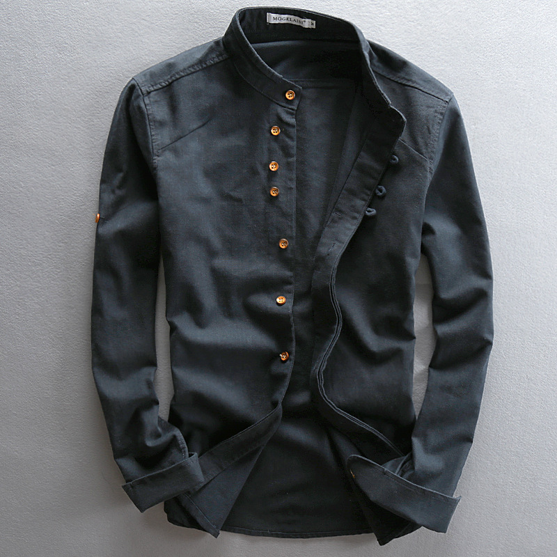 Men's Grandad Collar Button Up Shirt Roll Sleeve Summer