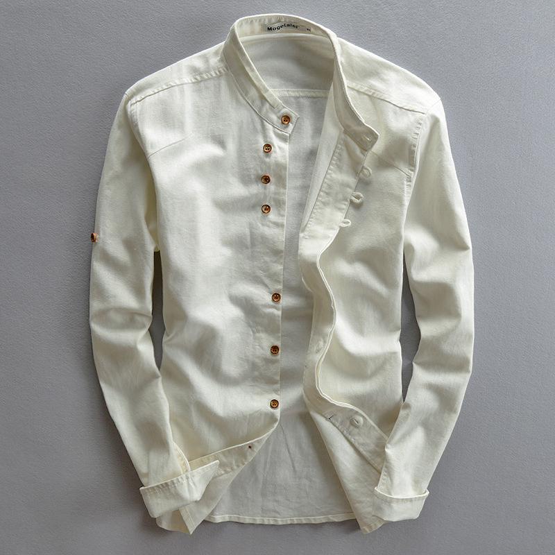 Men's Grandad Collar Button Up Shirt Roll Sleeve Summer