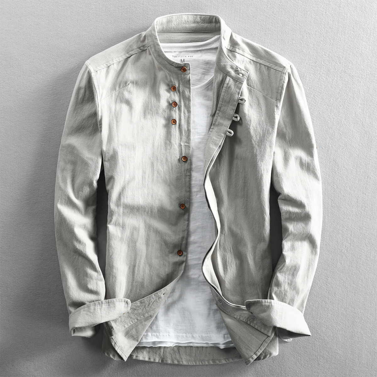 Men's Grandad Collar Button Up Shirt Roll Sleeve Summer
