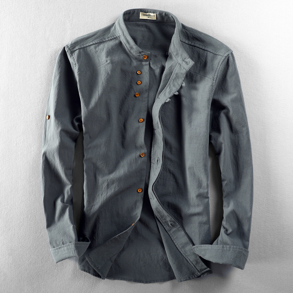 Men's Grandad Collar Button Up Shirt Roll Sleeve Summer
