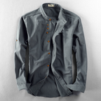 Men's Grandad Collar Button Up Shirt Roll Sleeve Summer
