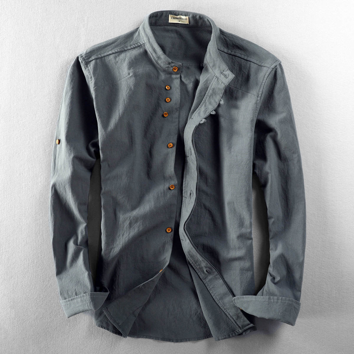 Men's Grandad Collar Button Up Shirt Roll Sleeve Summer