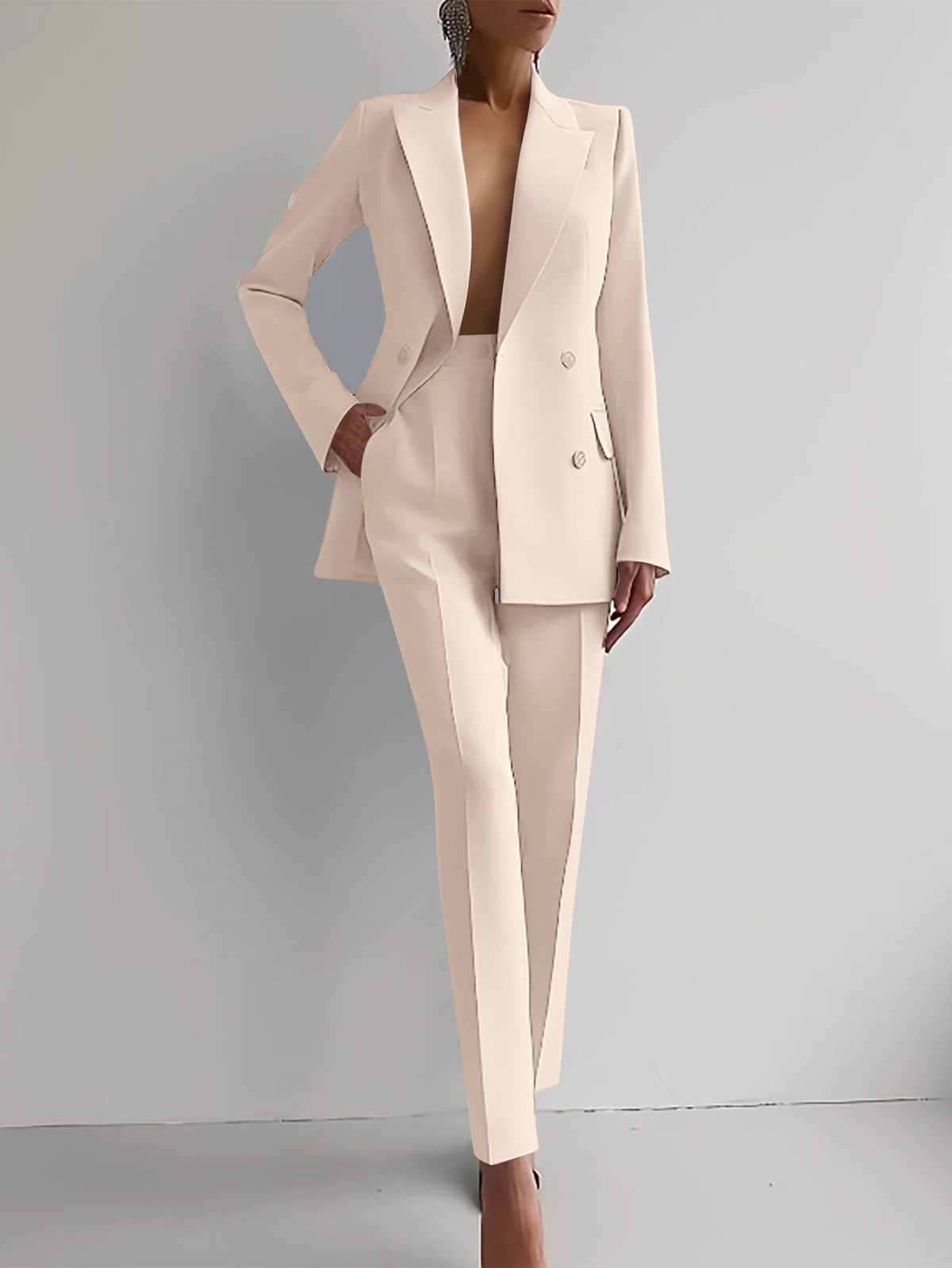 Women's Peak Lapel Blazer and Slim Pants Suit Set – Off-White