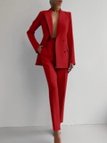 Women's Peak Lapel Blazer and Slim Pants Suit Set – Red