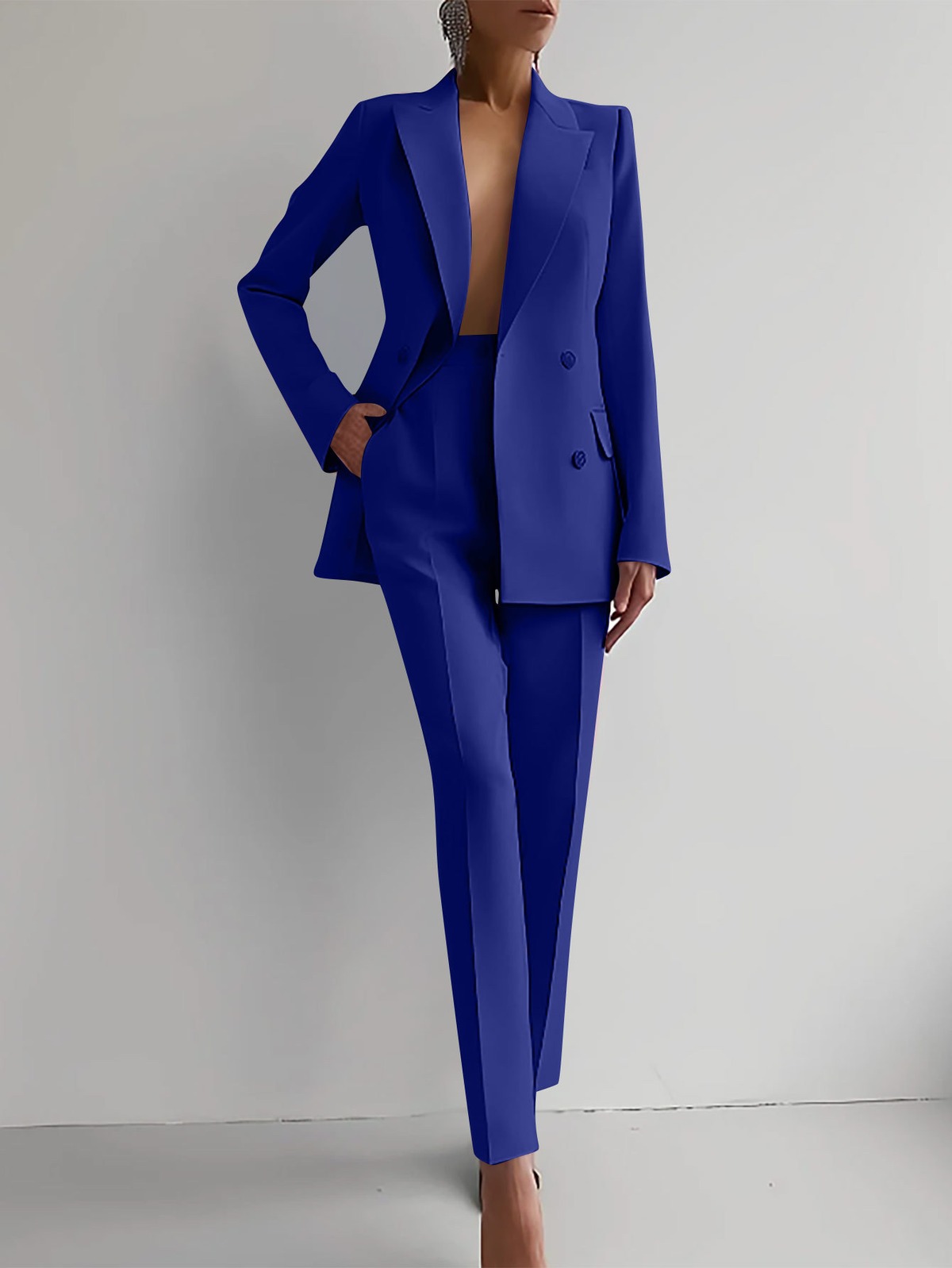 Women's Peak Lapel Blazer and Slim Pants Suit Set – Blue