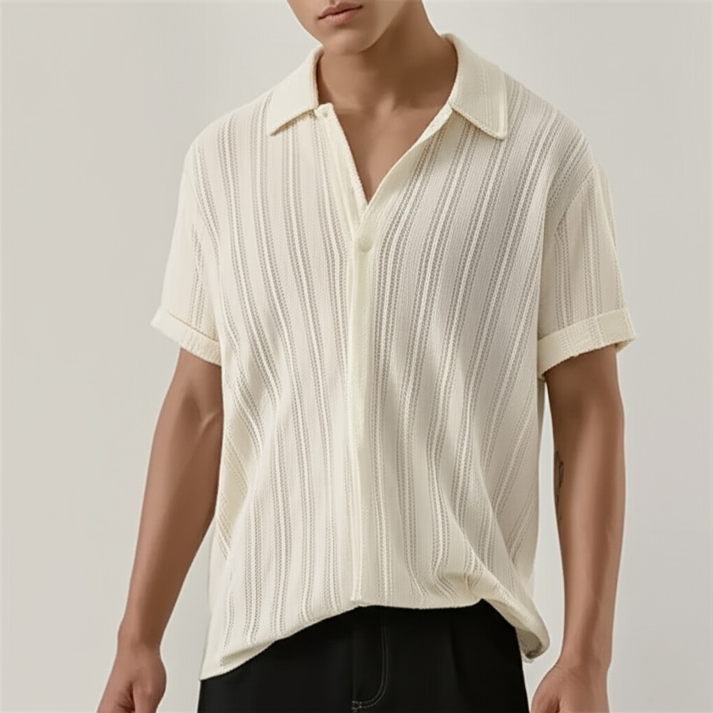 Men's Knit Polo Shirt Textured Vertical Stripe Summer Top