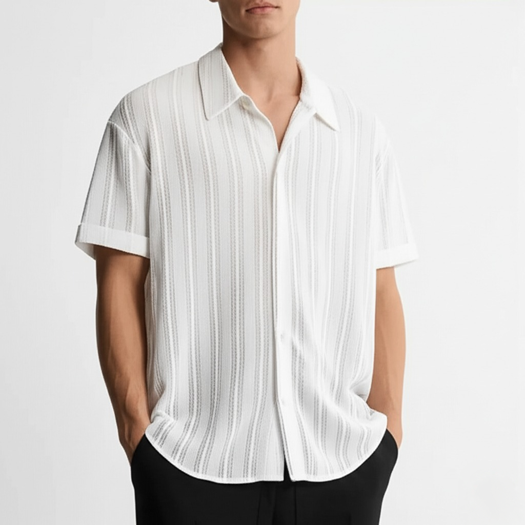 Men's Knit Polo Shirt Textured Vertical Stripe Summer Top