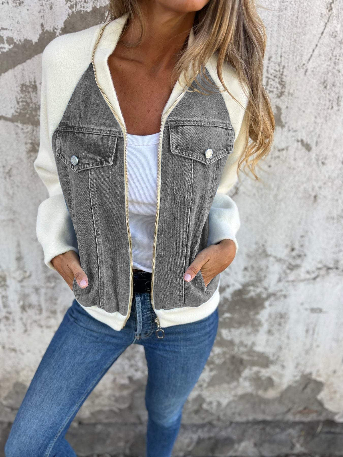 Women's Two-Tone Denim Zip-Up Jacket with Chest Pockets - Gray