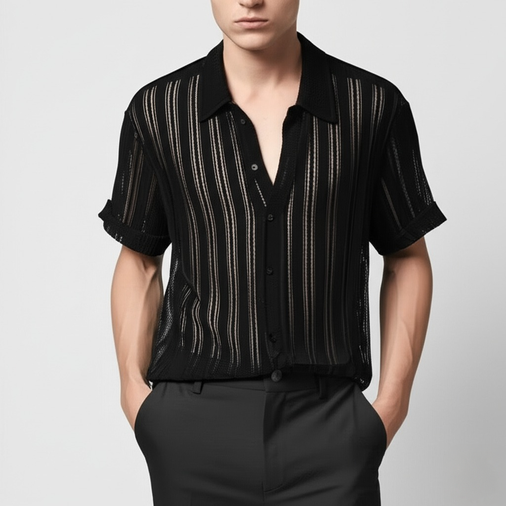 Men's Knit Polo Shirt Textured Vertical Stripe Summer Top