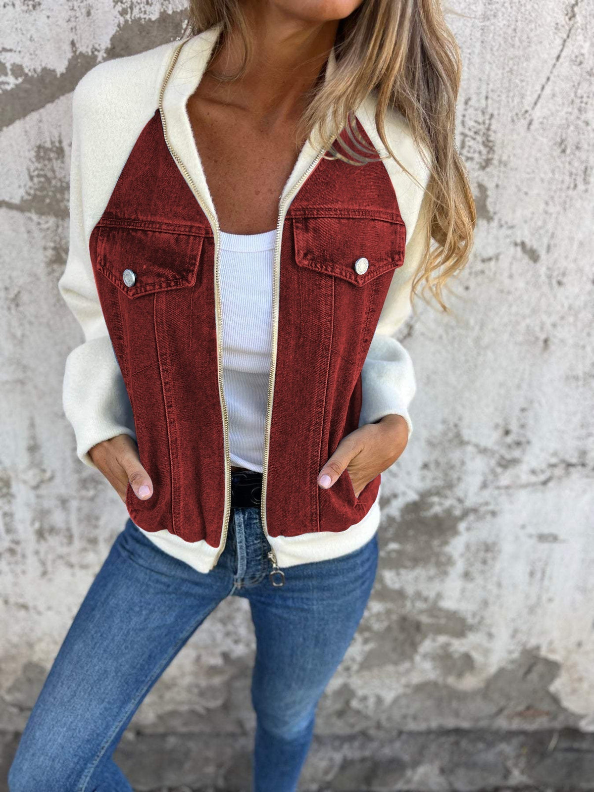 Women's Two-Tone Denim Zip-Up Jacket with Chest Pockets - Wine Red