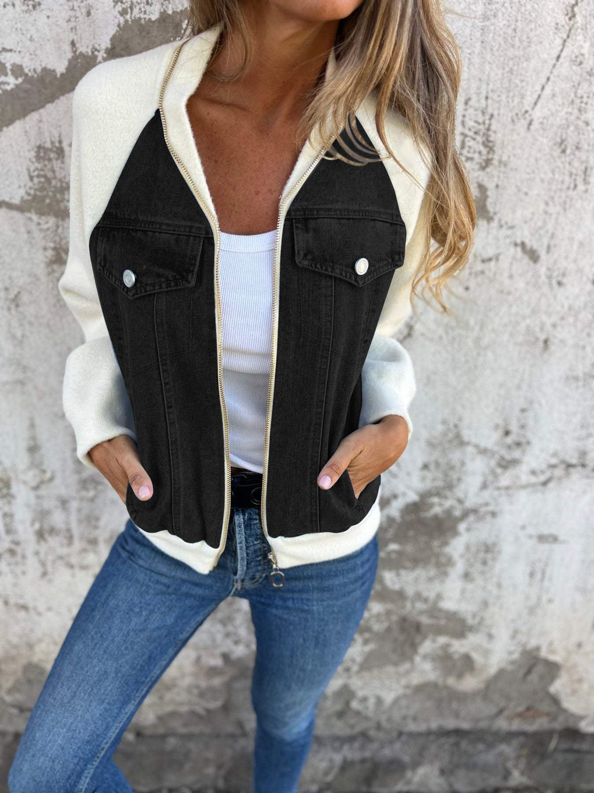 Women's Two-Tone Denim Zip-Up Jacket with Chest Pockets - Black